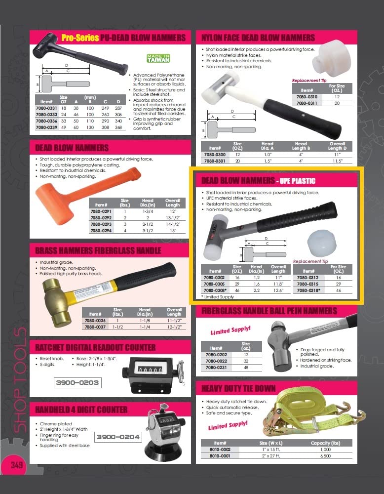 HHIP Pro Series 7080-0302 Vertex Dead Blow Hammer, Deadblow Mallet w/UPE Plastic Face, 1.2” Diameter Steel Shot Head, Non-Marring, 16 oz