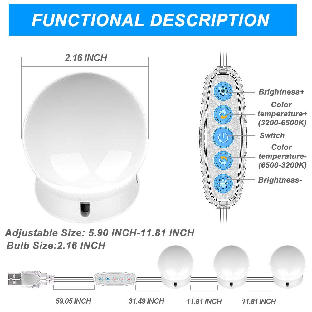 SICCOO Hollywood Style Vanity Mirror Lights, 10 Dimmable LED Bulbs, USB Powered, DIY Makeup Dressing Table & Bathroom Lighting Strip