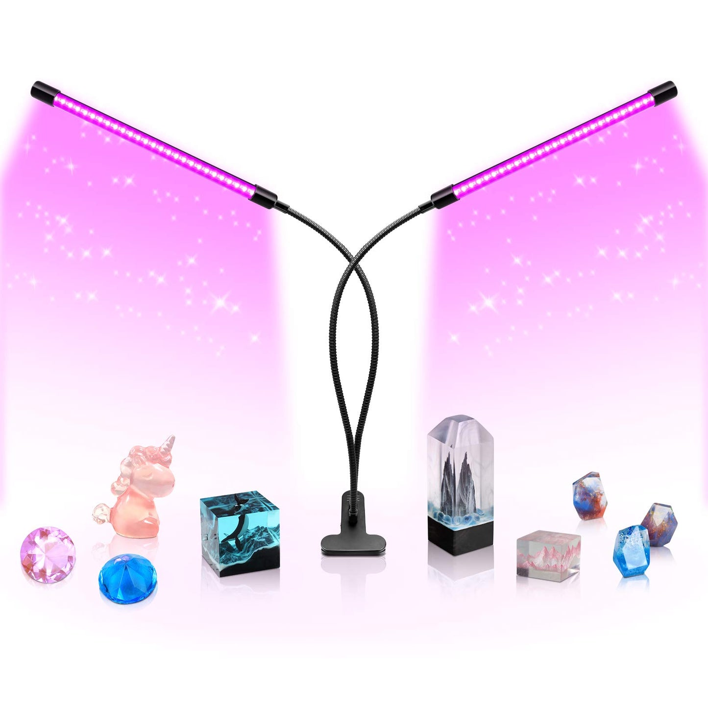 YGS-Tech 20W Dual Head LED Black Light, 395-405nm UV Gooseneck Lamp with Clamp, USB Powered for Party, Stage, Resin, 3D Print