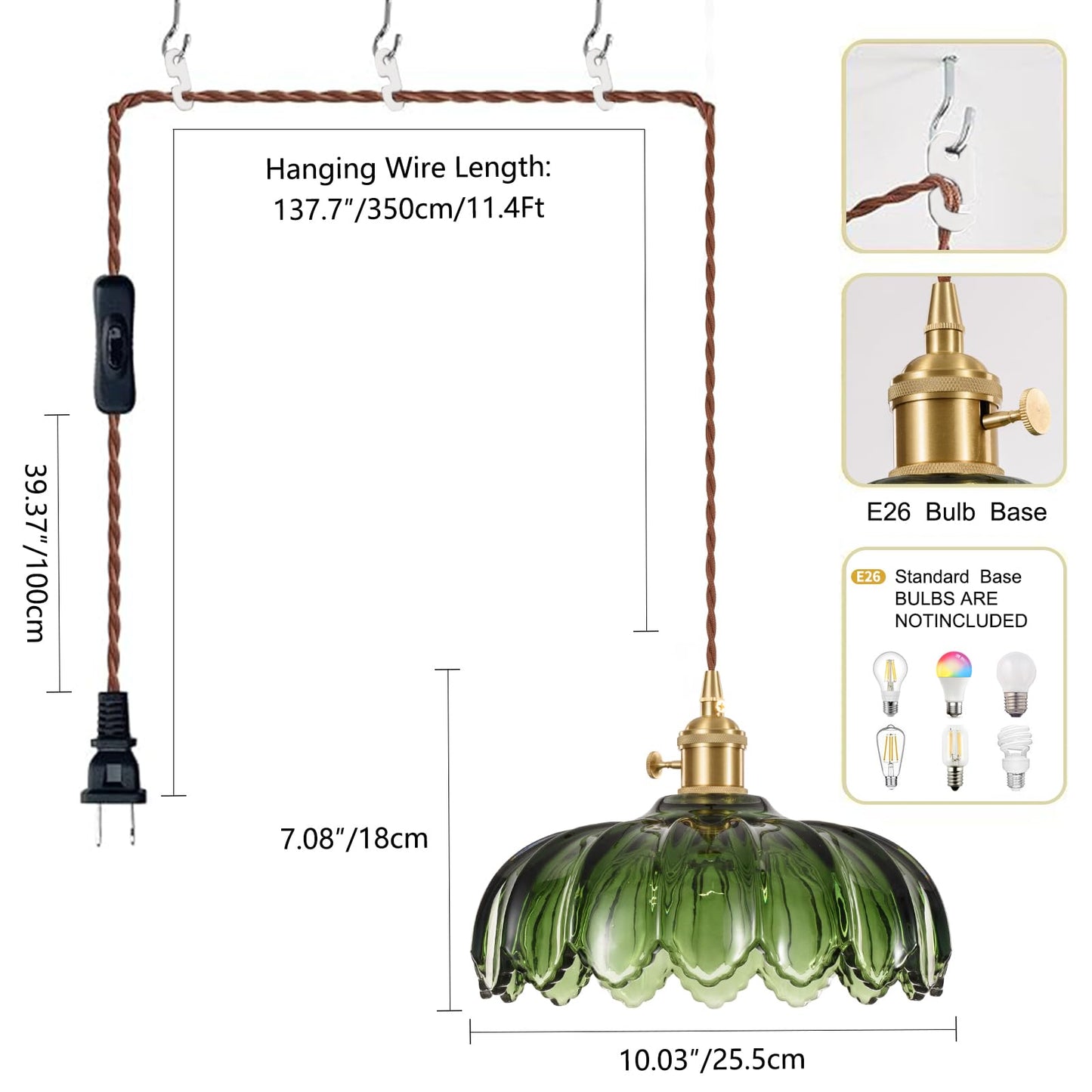 XZHGCEE Green Glass Plug-in Pendant Light, Hanging Lamp for Kitchen, Bedroom, Dining & Living Room, E26 Socket, No Bulb