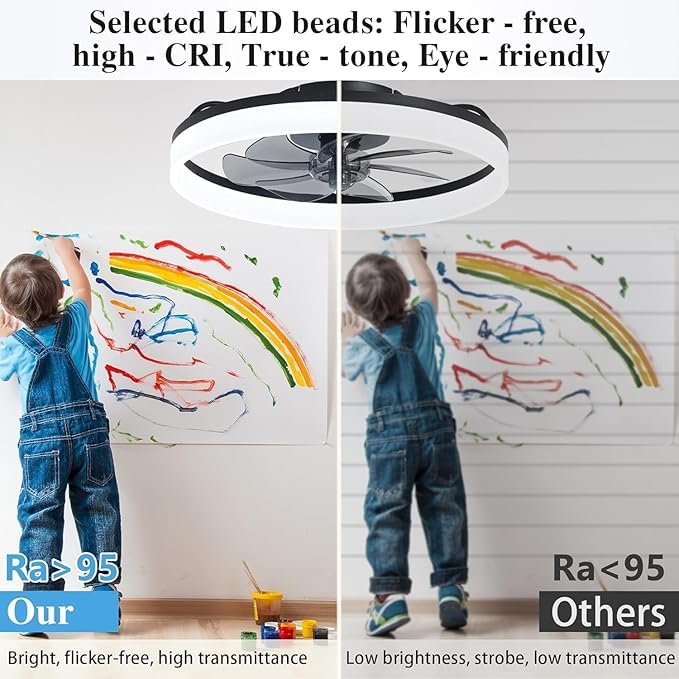 20'' Modern Black Ceiling Fan with Light & Remote, Flush Mount Fandelier for Bedroom, 6 Speeds, Adjustable Color Temperature