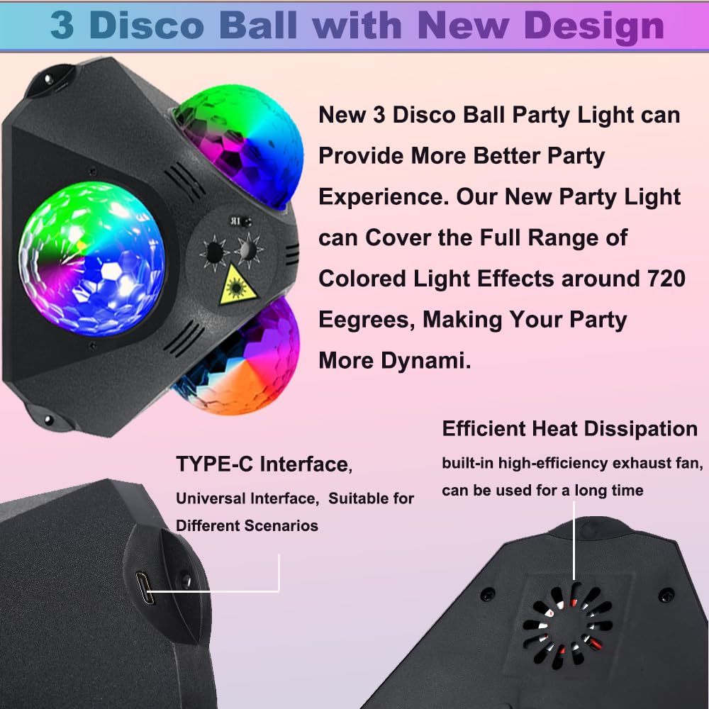 Disco Ball Party Lights Indoor/Outdoor, 3 Sound-Activated Strobe Balls with Remote for Christmas, Halloween, KTV & Club Parties