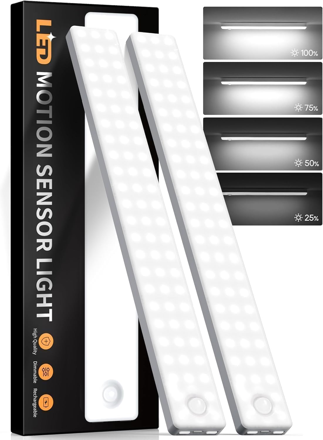 Under Cabinet Motion Sensor Lights, USB Rechargeable, Battery Operated, Magnetic, Auto Shut-Off, Gradual Eye-Care Brightness, 2-Pack