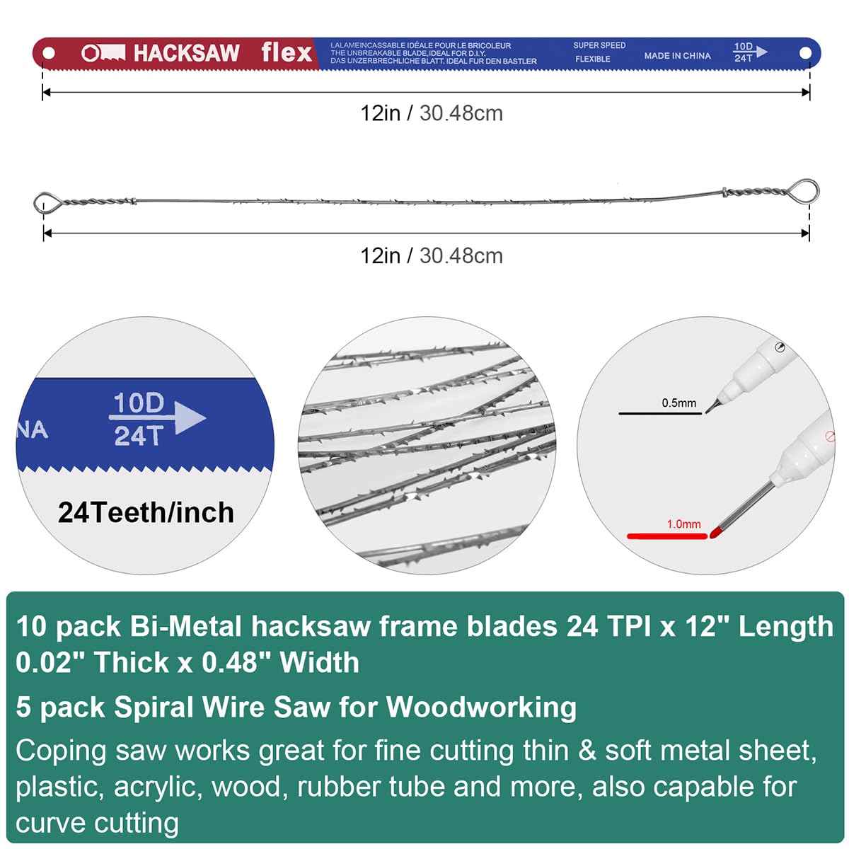 10 Pack Hacksaw Blades, High Speed 24 Tpi - 12" Length Hacksaw Blades 12 Inch Metal