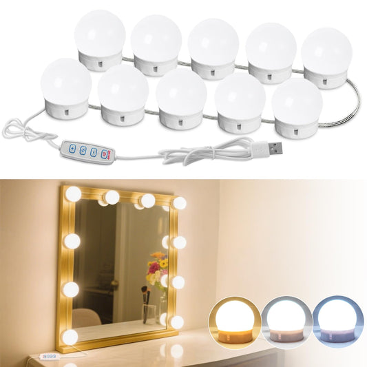 HELOIE LED Vanity Mirror Lights, 10 Dimmable Bulbs, Adjustable Brightness & Color, USB Powered, Makeup & Dressing Mirror Lighting