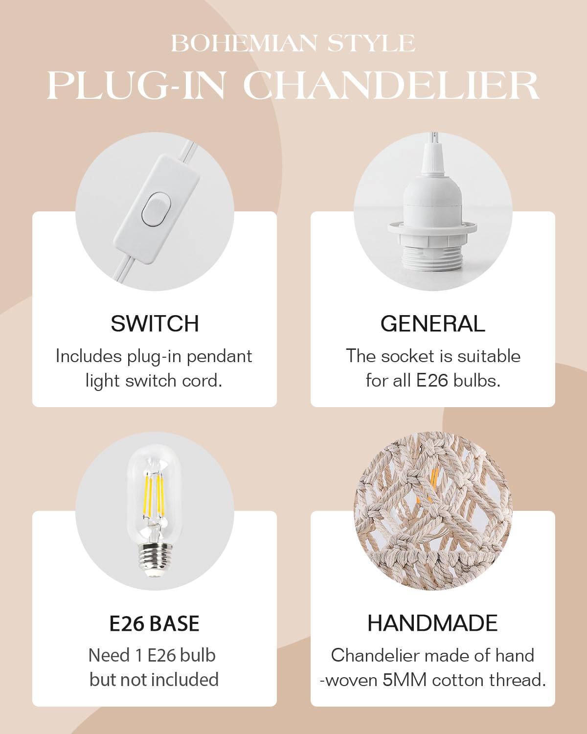 FLSFU Boho Macrame Pendant Lamp, Plug-In Hanging Light with Cord & Switch, Bohemian Wall Outlet Fixture for Bedroom & Living Room