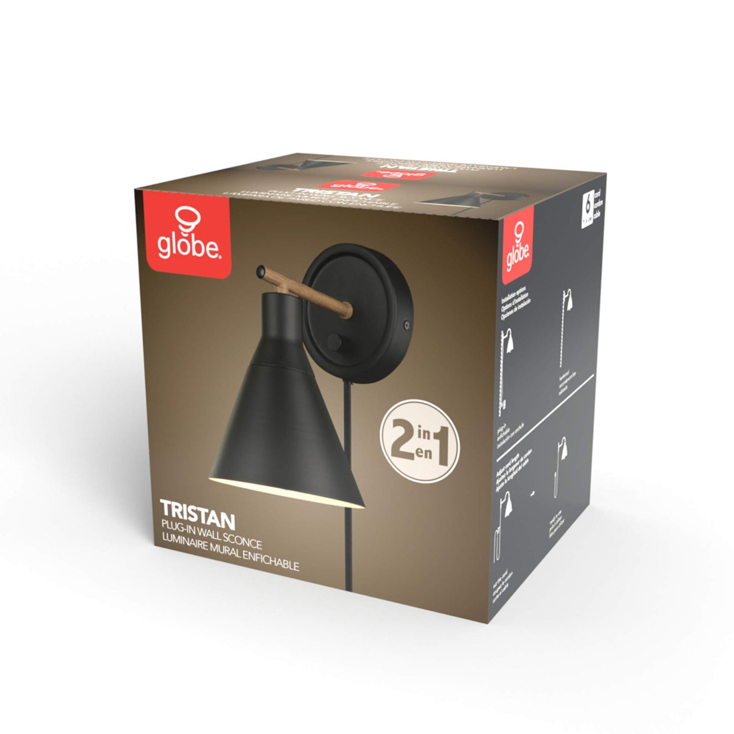 GLOBE Electric 51725 1-Light Wall Sconce, Matte Black & Faux Walnut, Dimmable Plug-In or Hardwire, Stepless Rotary Switch, Bulb Not Included