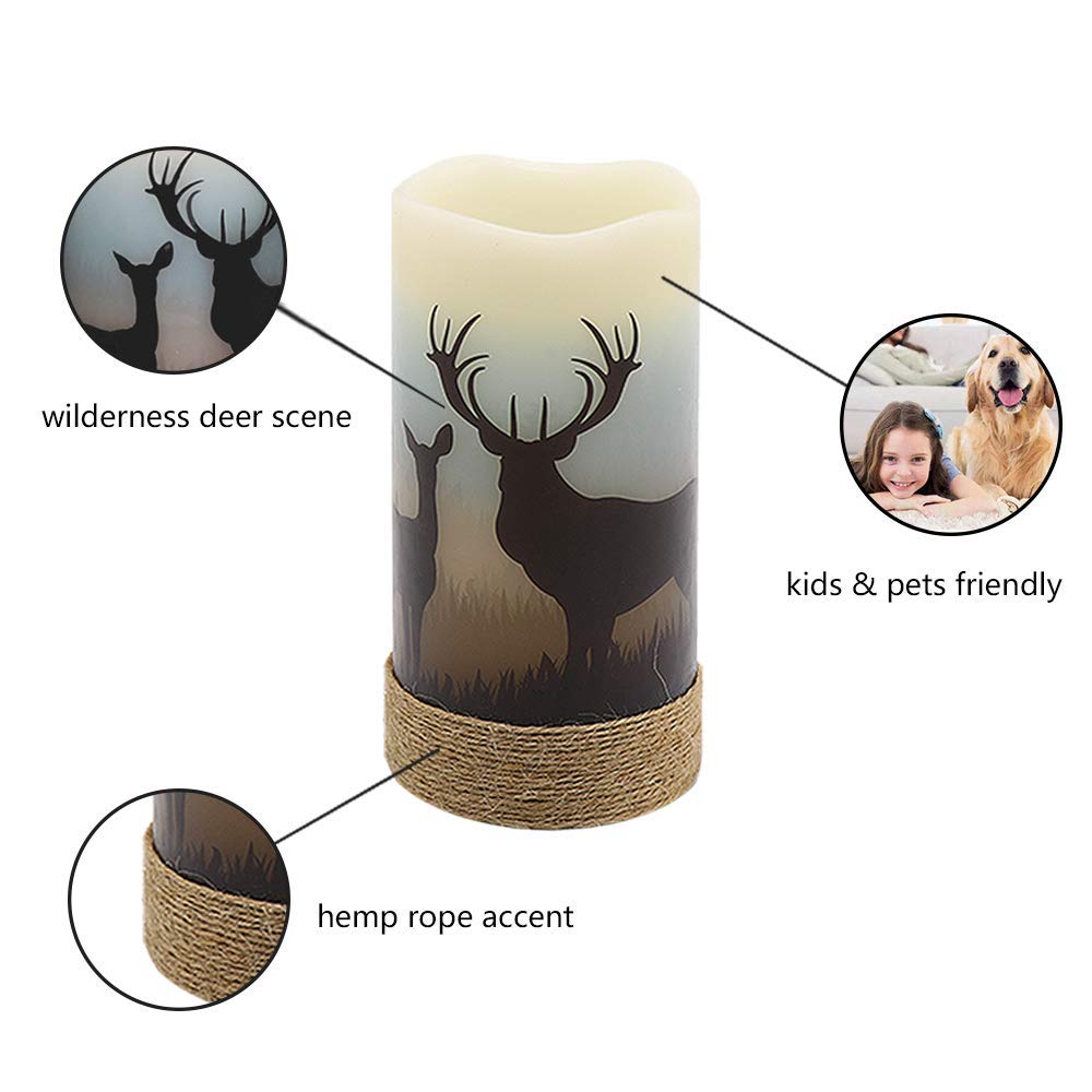 GenSwin Set of 3 Flameless LED Rustic Pillar Candles with Deer, Moose & Bear Decals, 6H Timer, Hemp Rope, Battery Operated, Warm Light