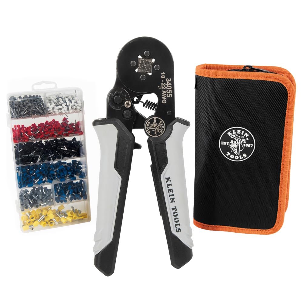 Klein Tools 34060 Ferrule Crimping Tool Set – Ratcheting Square Crimper Pliers, 1200 Terminals 10-22 AWG, Soft Carry Case