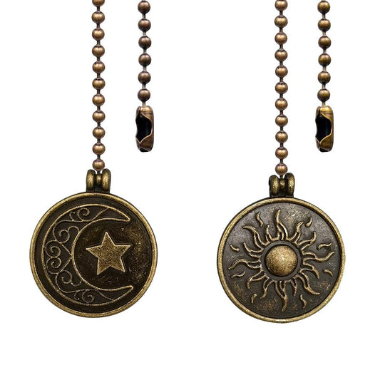 Dotlite Copper Ceiling Fan Pull Chain Set, 12" Decorative Moon & Sun Beaded Pendant Extender, 2-Pack with Connector