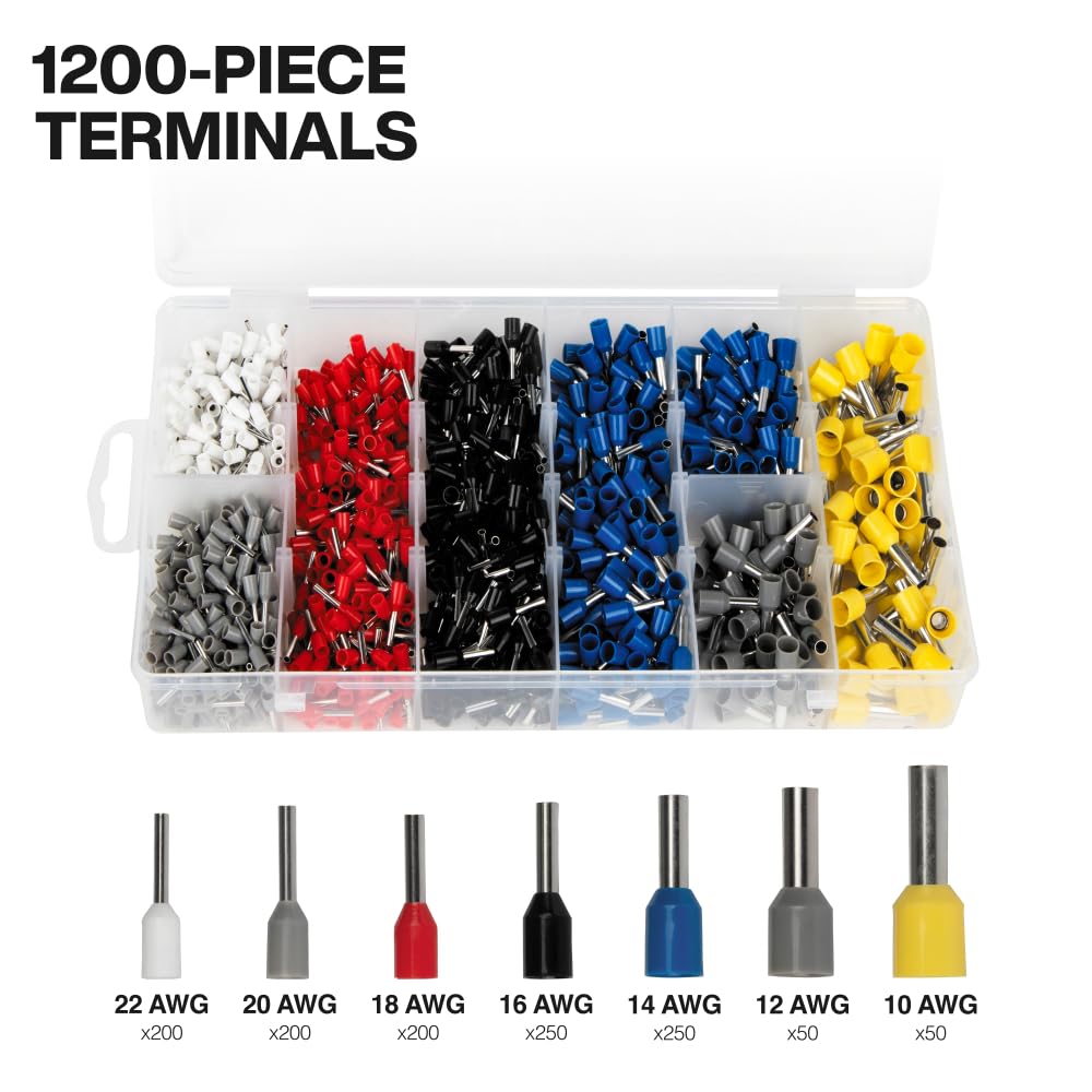 Klein Tools 34060 Ferrule Crimping Tool Set – Ratcheting Square Crimper Pliers, 1200 Terminals 10-22 AWG, Soft Carry Case