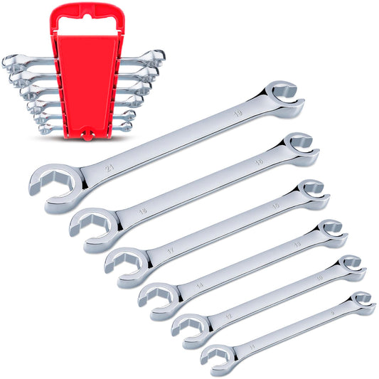 EFFICERE 6-Piece Metric Flare Nut Wrench Set 9-21mm, Cr-V Steel, 6-Point Double-End, Rack Included, Ideal for Fuel, Brake & A/C
