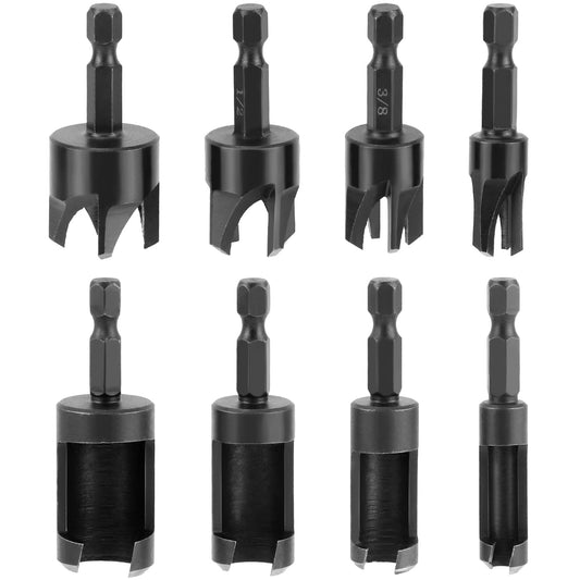 QWORK Wood Plug Cutter Drill Bit Set, 8Pcs, Includes 1/4", 5/16", 3/8", 1/2" Sizes, 1/4 Inch Hex Shank