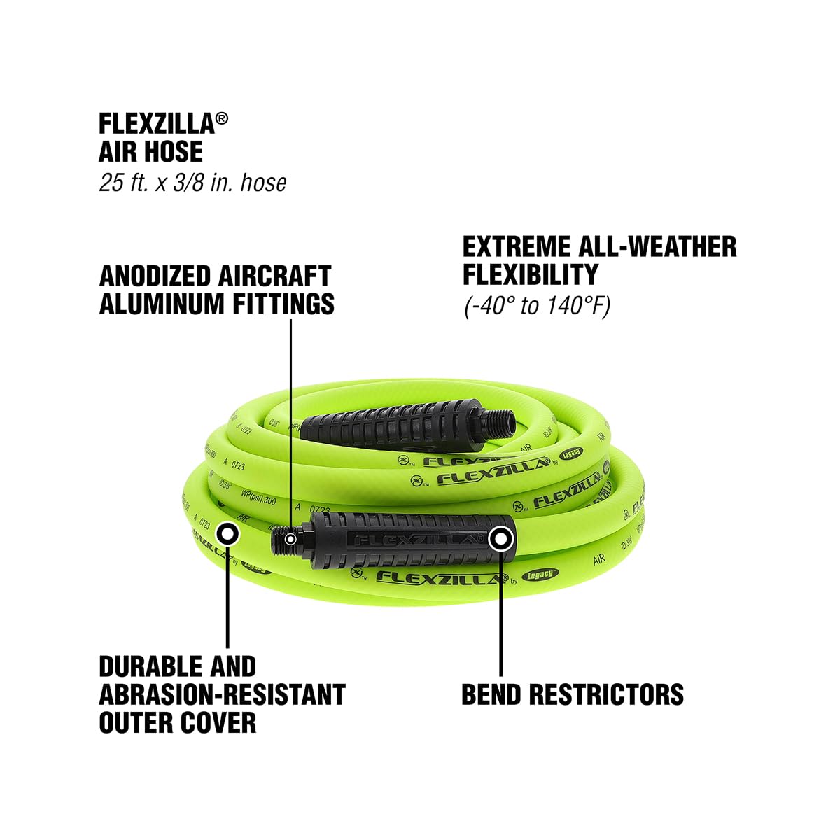 Flexzilla Air Hose, 3/8 in. x 25 ft., 1/4 in. MNPT Fittings, Heavy Duty, Lightweight, Hybrid, ZillaGreen - HFZ3825YW2