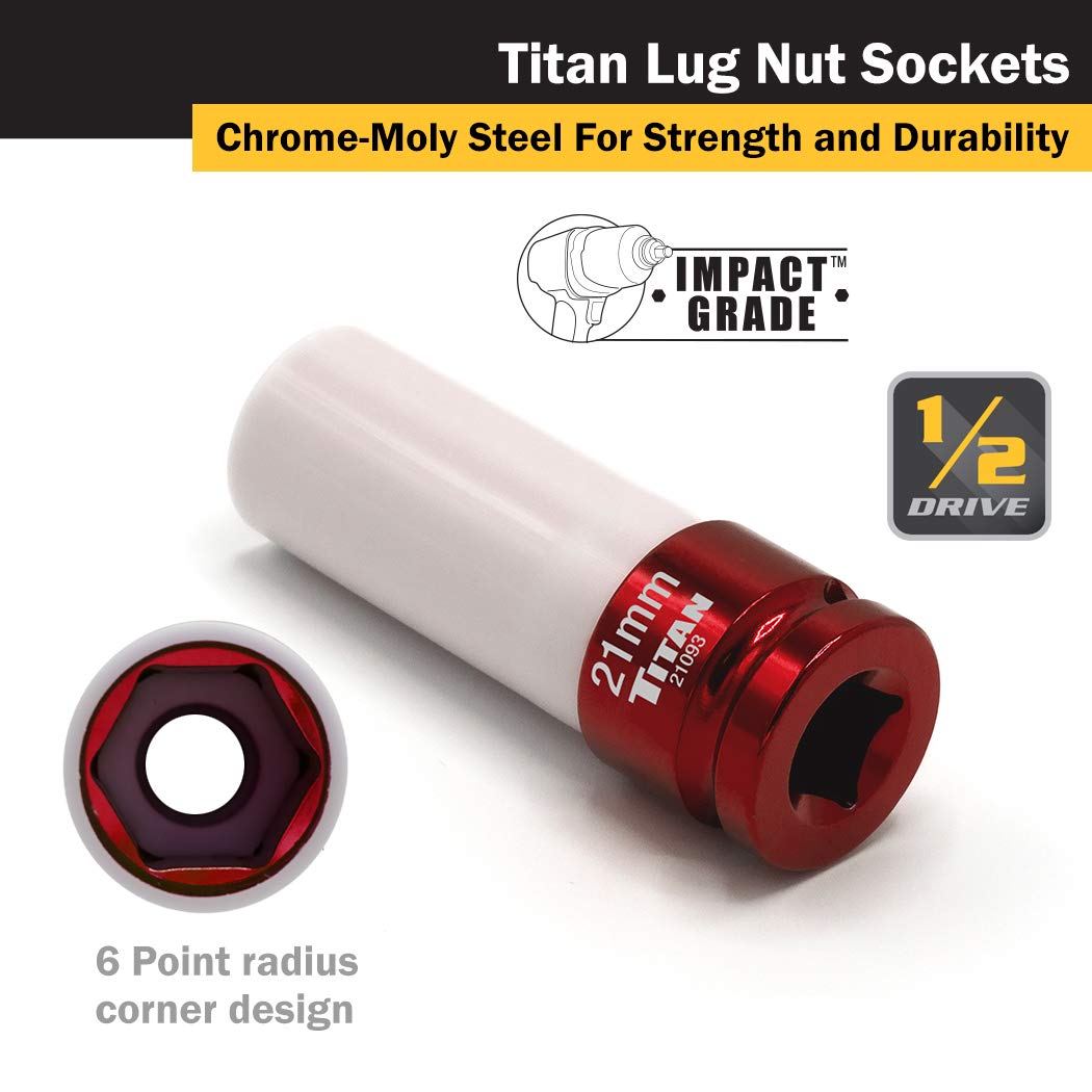 Titan 21093 1/2-Inch Drive x 21mm Non-marring Impact Deep Lug Nut Socket