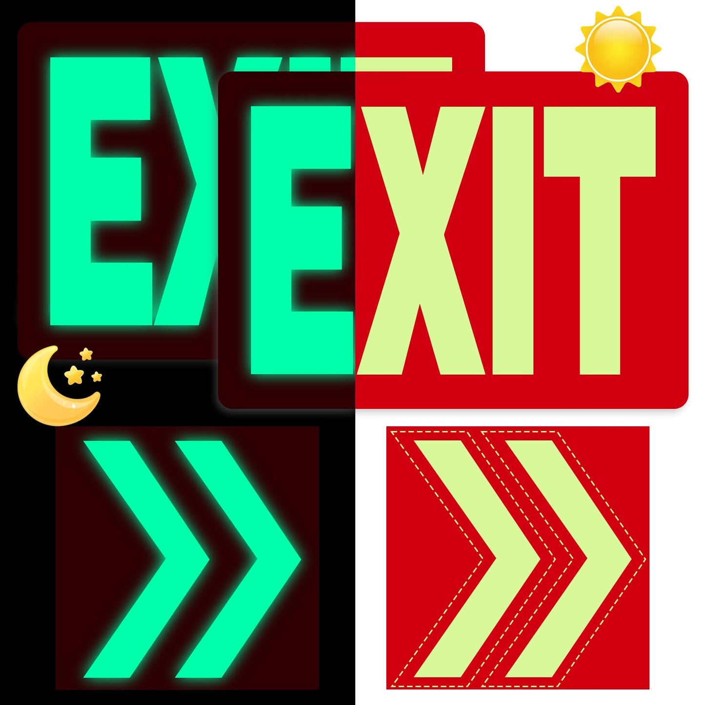EXIT Sign Glow in the Dark Decals, 2-Pack 10"x7" Vinyl Stickers with 4 Arrows, Photoluminescent Emergency Signs, Visible 8 Hours