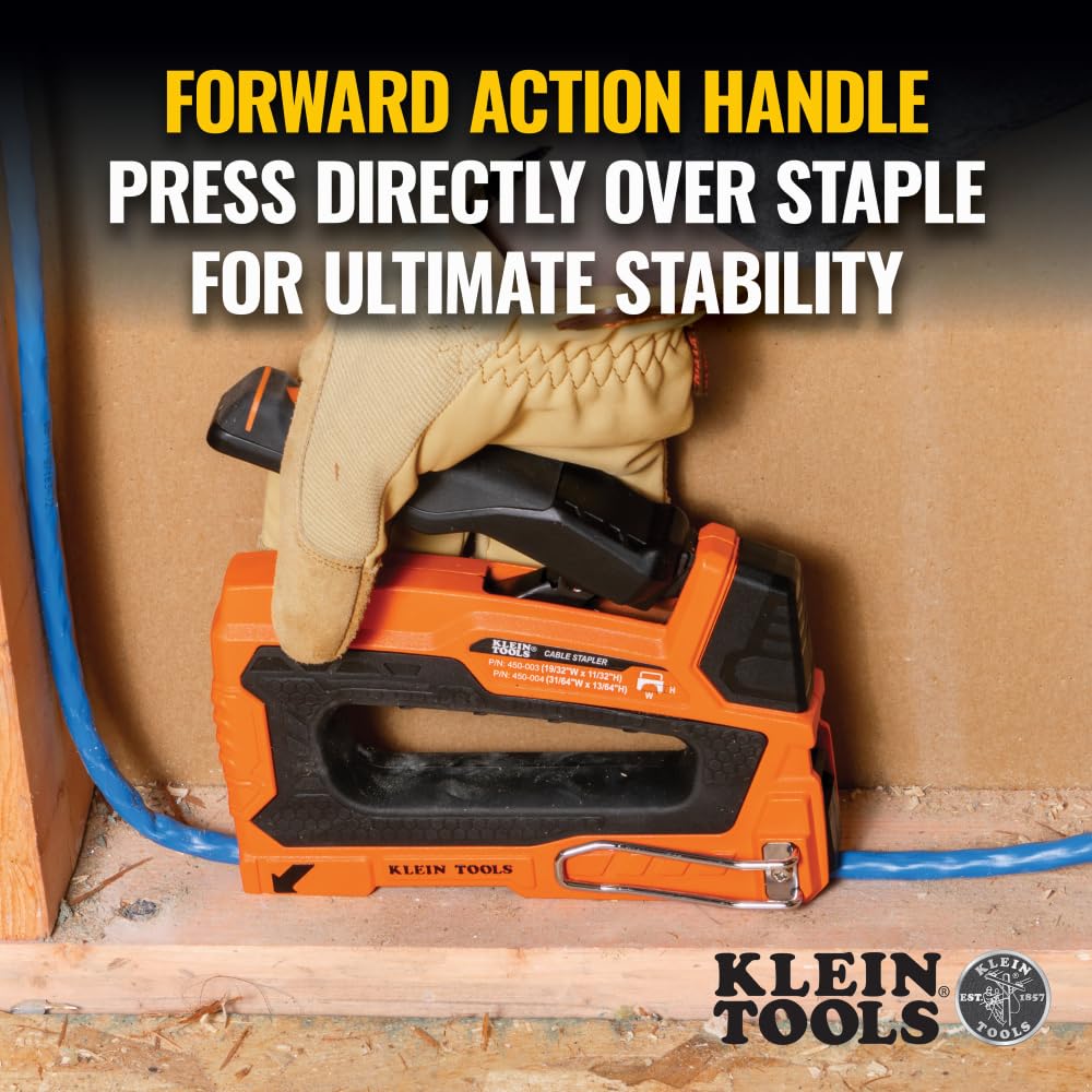 Klein Tools 80169 Heavy-Duty Cable Stapler with 600 Insulated Staples, Includes 300-Pack 19/32 x 11/32-Inch and 300-Pack 31/64 x 13/64-Inch Sizes