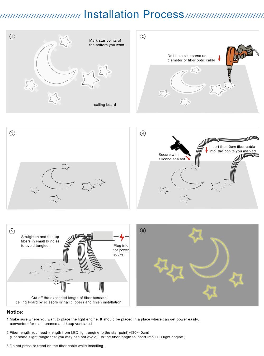 AZIMOM 6W RGBW Fiber Optic Star Ceiling Kit, 200pcs 6.5ft Strands, Bluetooth/APP & Remote Control, Music Sensor Light for Car & Home