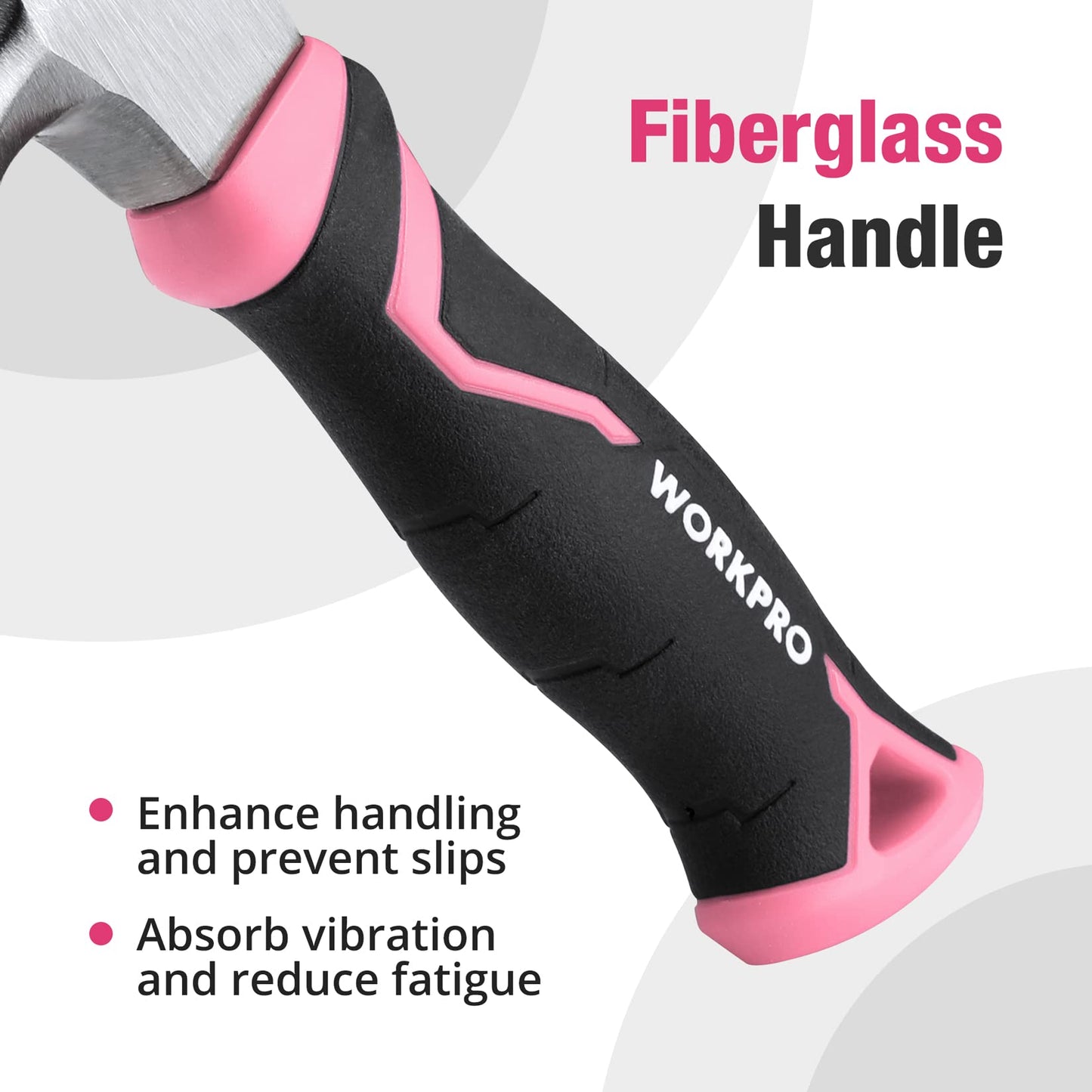 WORKPRO 8 oz Claw Hammer with Fiberglass Handle, All Purpose Hammer with Forged Hardened Steel Head, Pink Ribbon