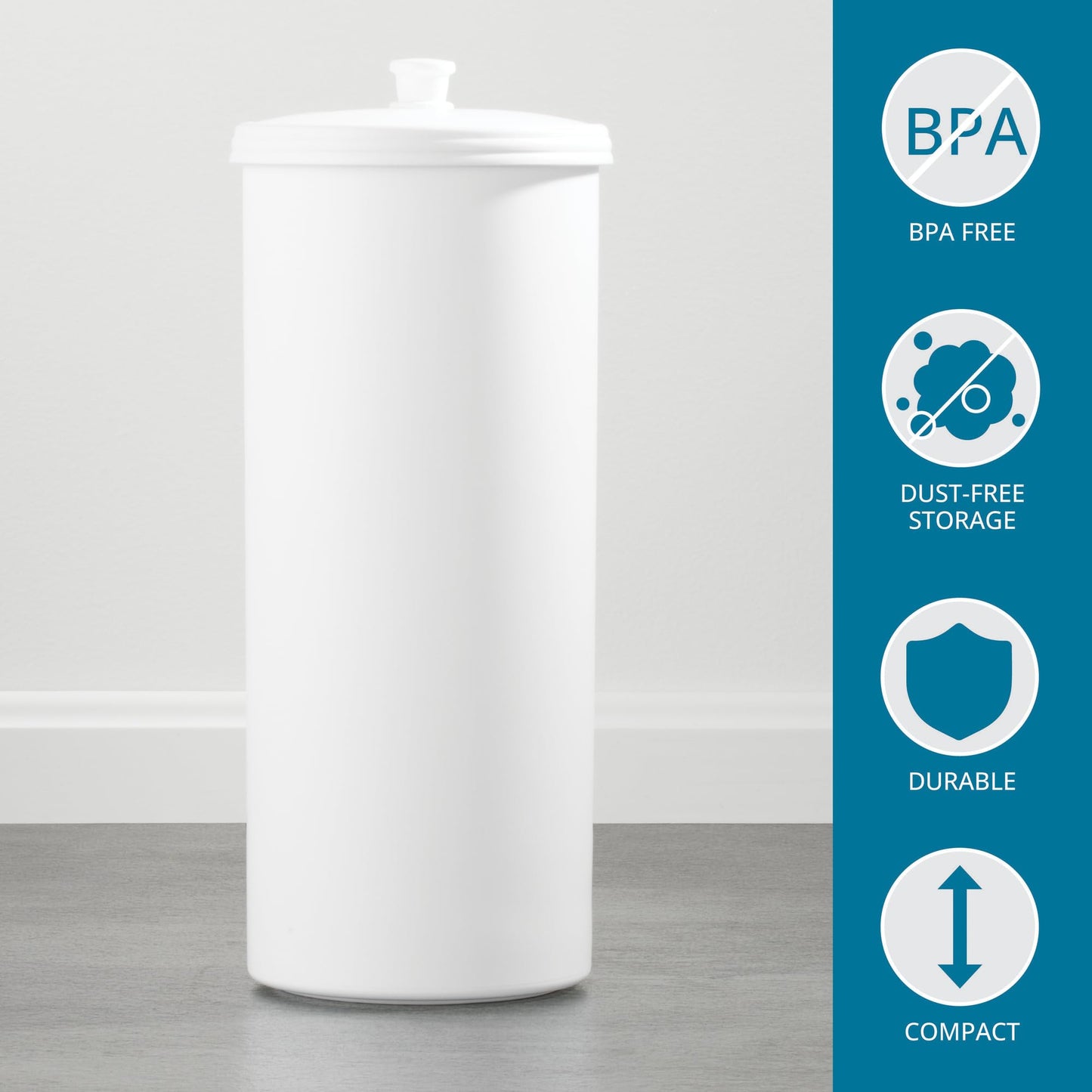 iDesign Freestanding Bathroom Toilet Paper Storage Holder with Lid for 3 Extra Rolls, White