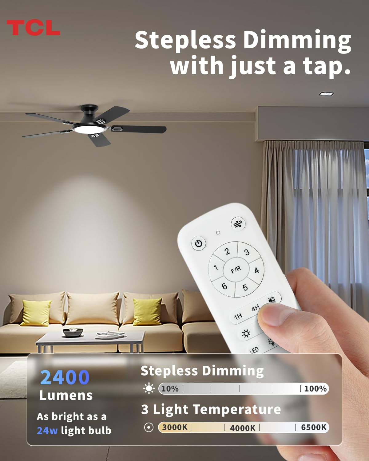 TCL 52" Low Profile Ceiling Fan with Light, Matte Black Flush Mount, Quiet DC Reversible Motor, 6-Speed Remote, Dimmable 3CCT LED