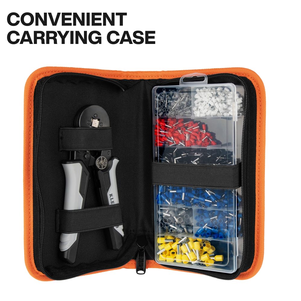 Klein Tools 34060 Ferrule Crimping Tool Set – Ratcheting Square Crimper Pliers, 1200 Terminals 10-22 AWG, Soft Carry Case