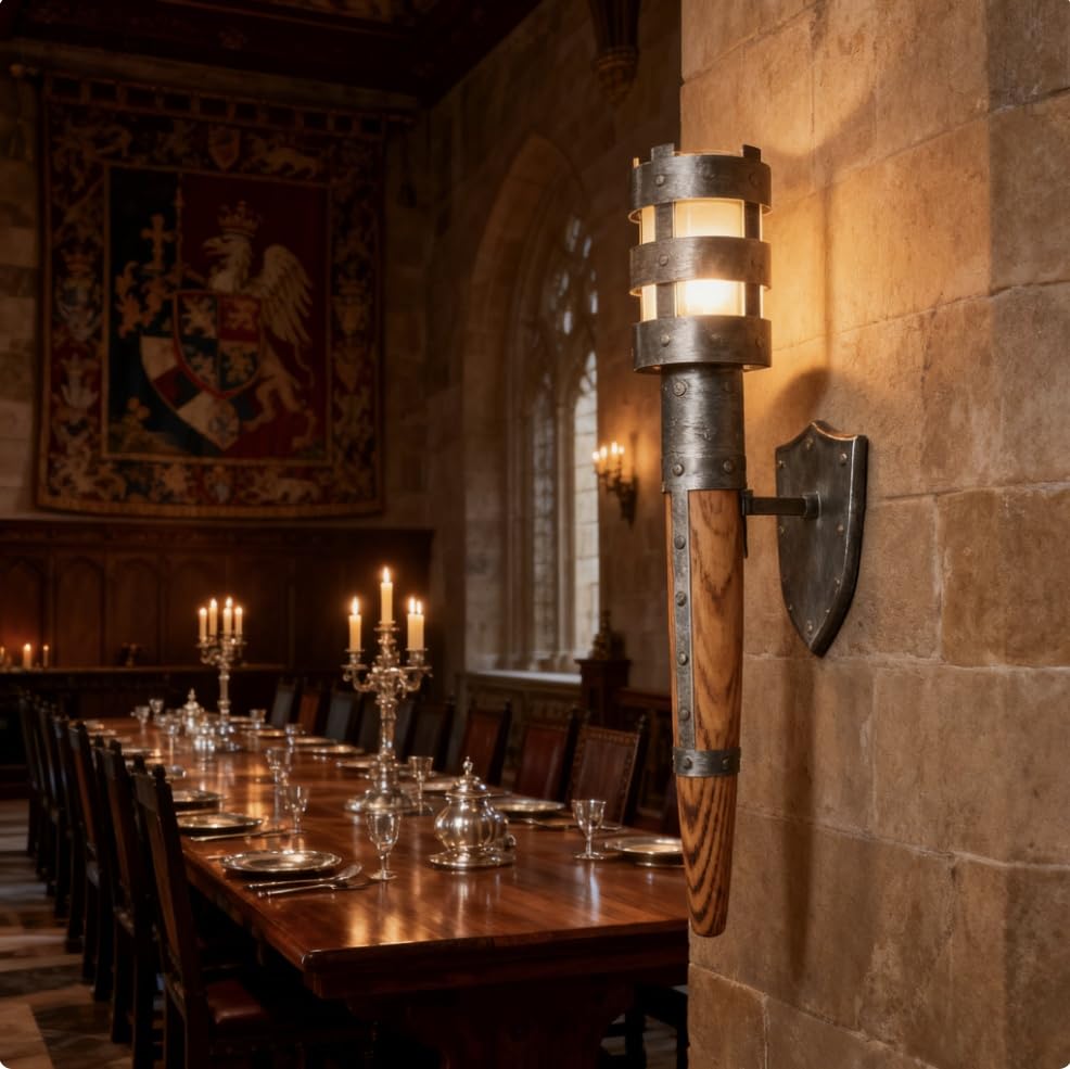 Medieval Torch Wall Sconce, Metal Torch Lamps with Wood Handles, Medieval Torch Light, Hand-Forged Wooden Handle Wall Lamps with E26 Light Bulb