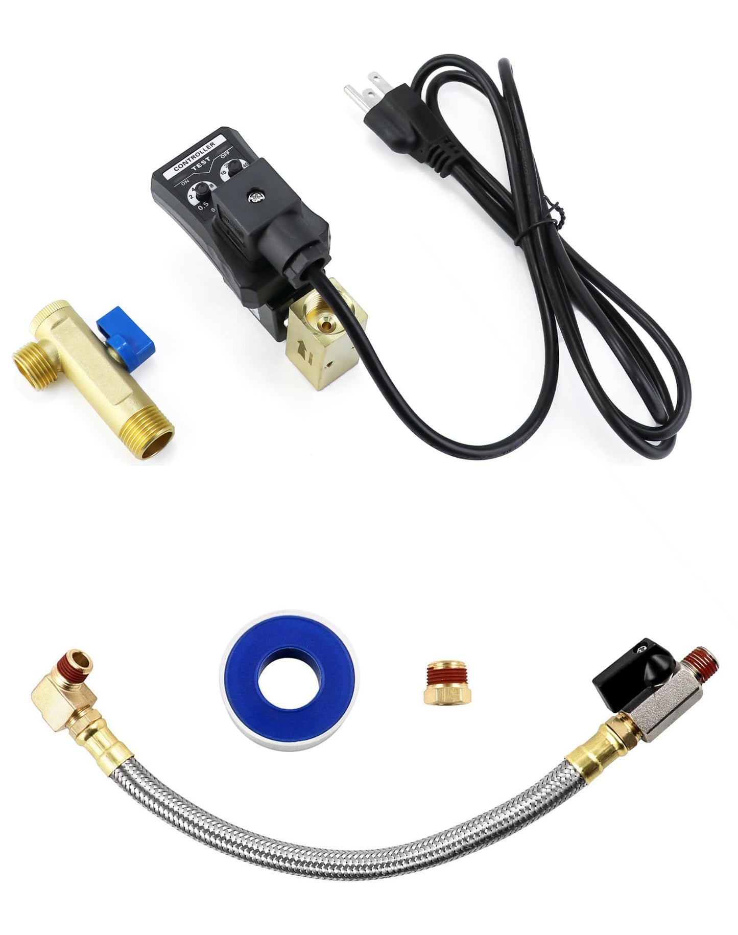 QWORK Automatic Timed Condensate Drain Valve, 1/4" NPT, 1/2" AC110V 2-Way Steel Hose Elbow, US Plug for Compressed Air