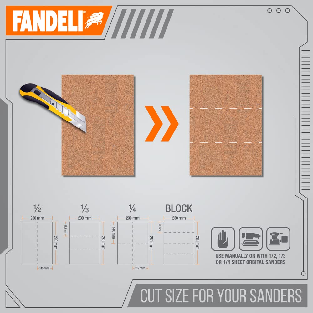 Fandeli Multi-Purpose Sanding Paper, 25 Sheets 9"x11", Assorted Grits 80/120/220, Ideal for Wood & Metal, Hand or Orbital Sanding