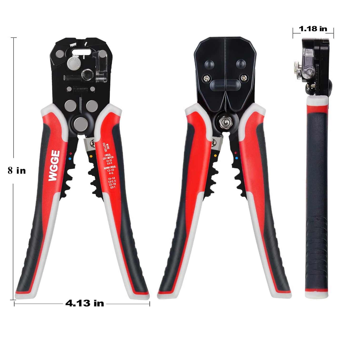 WGGE WG-014 3-in-1 Self-Adjusting Wire Stripper, Cutter & Crimper, AWG 10-24, 8" Automatic Wire Stripping Pliers Tool
