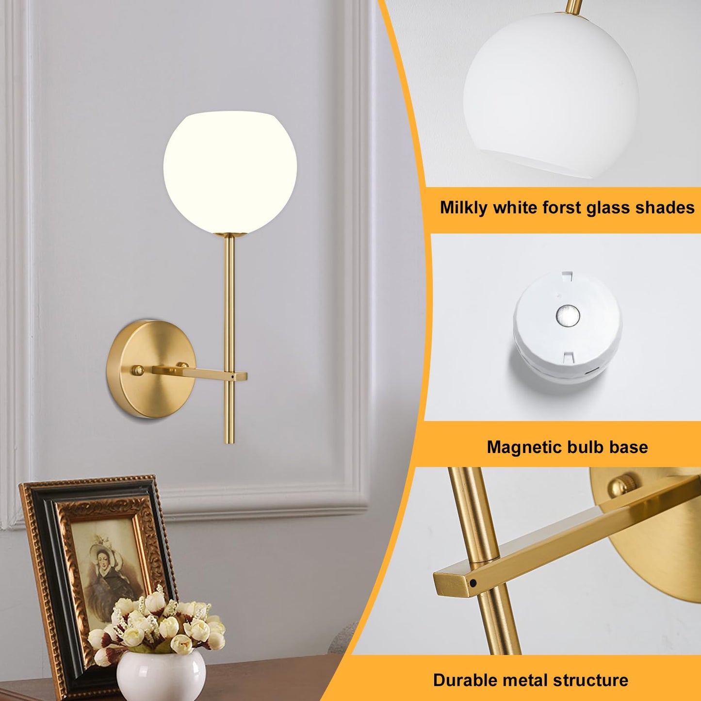 **Gold Battery Operated Wall Sconces Set of 2 – Rechargeable Wireless Wall Lights with Frosted Glass, RGB & 3CCT Dimmable, Remote Control**