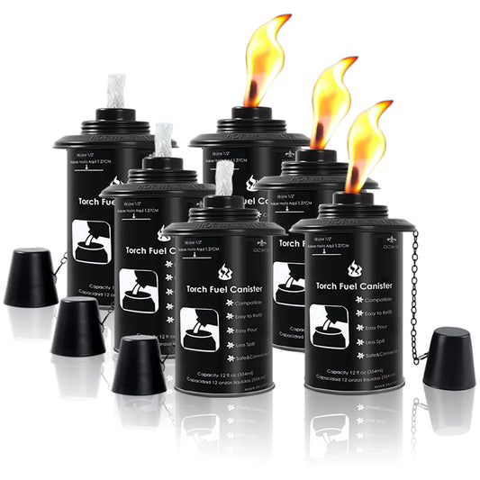 ZSZMFH 6-Pack 12oz Bamboo Torch Fuel Canisters with Wicks & Covers, Refillable Citronella Torch for Outdoor, Garden, Luau Party