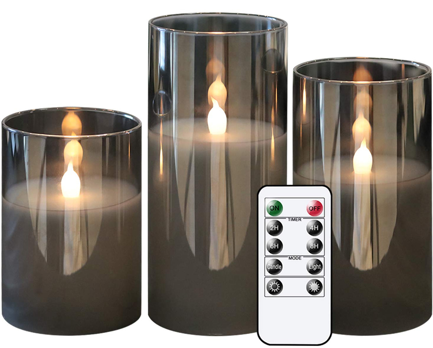 GenSwin Set of 3 Gray Glass LED Flameless Candles, Battery Operated, Real Wax, Warm White Flicker with 10-Key Remote & Timer