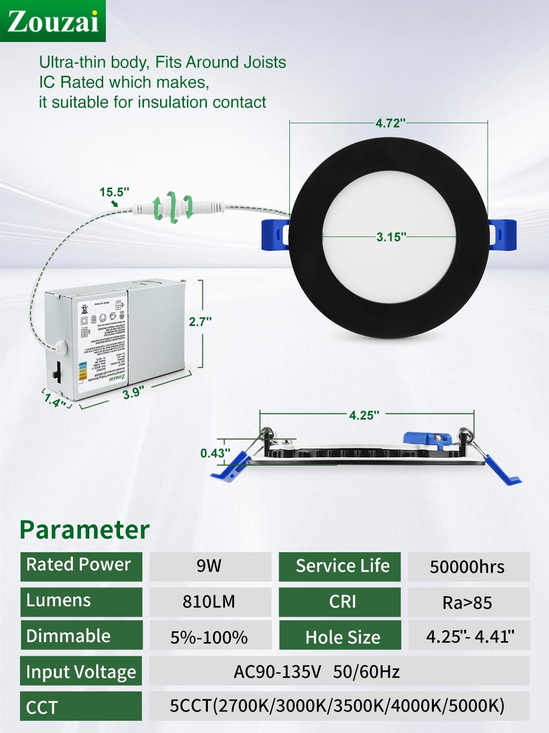 Zouzai 4" Black LED Recessed Ceiling Light 5CCT 9W Dimmable w/ Junction Box, 2700K-5000K, ETL & Energy Star Certified, 6 Pack