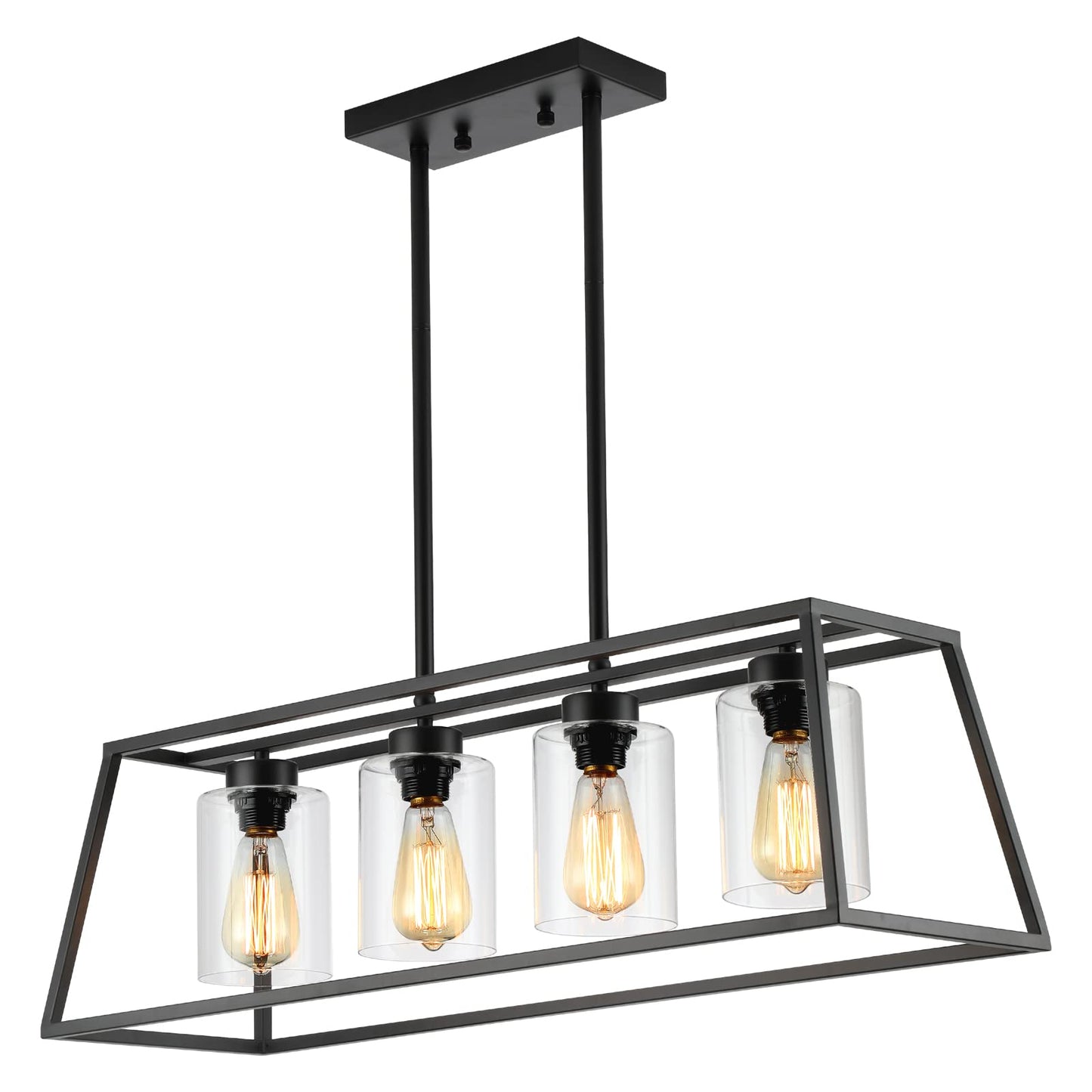 Black Farmhouse Linear Chandelier for Dining Room, Rustic Kitchen Island Pendant Light, 4-Light Fixture with Glass Shades Over Table