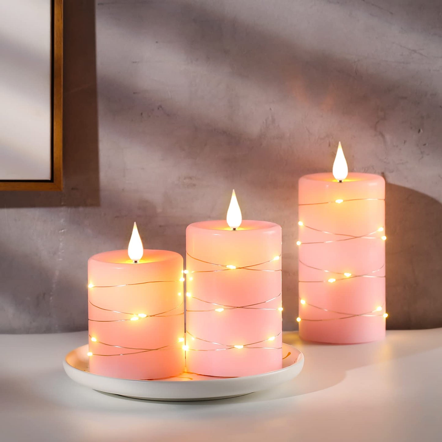 Da by Flameless Candles with String Lights，Battery Operated Candles,LED Flickering Candles with Remote Control and Timer, Real Wax, 3 Pack-Pink