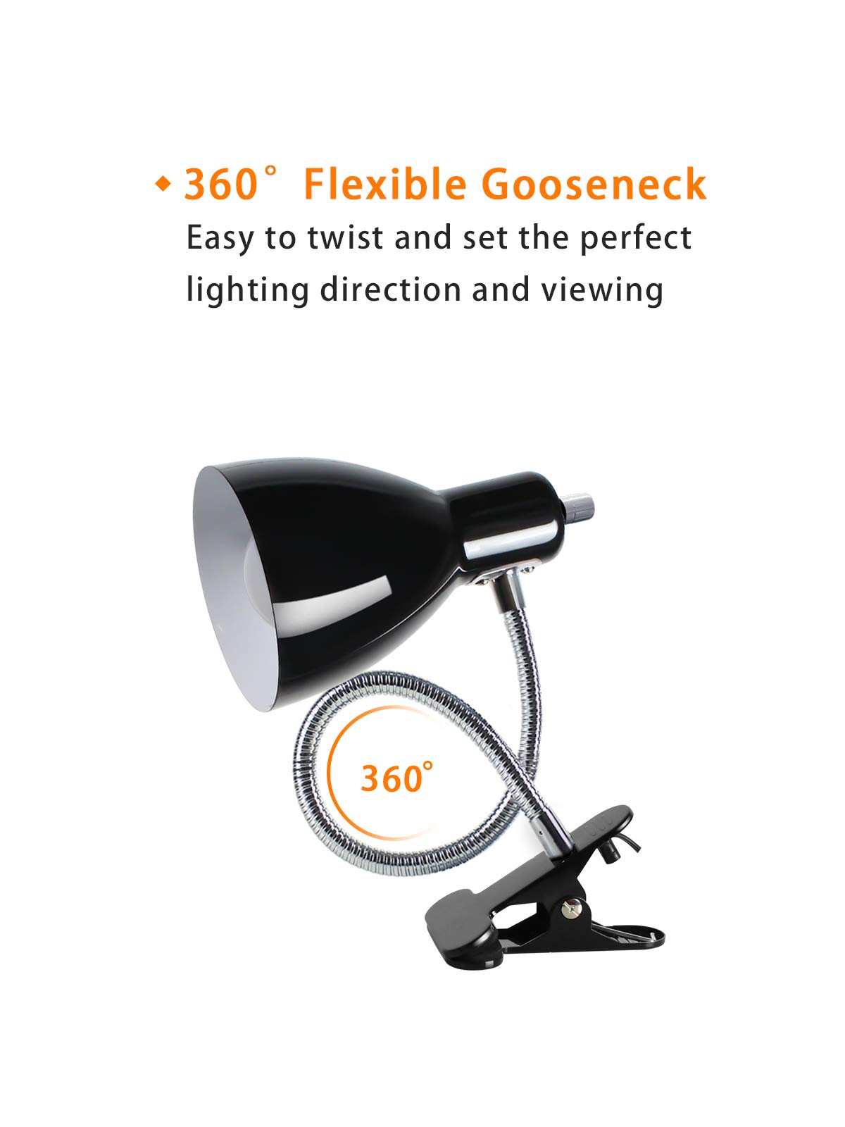 Eye-Caring Clip-On Desk Lamp, 360° Rotating Gooseneck Reading Light for Study, Bedroom & Office – Portable Table Lamp, Black