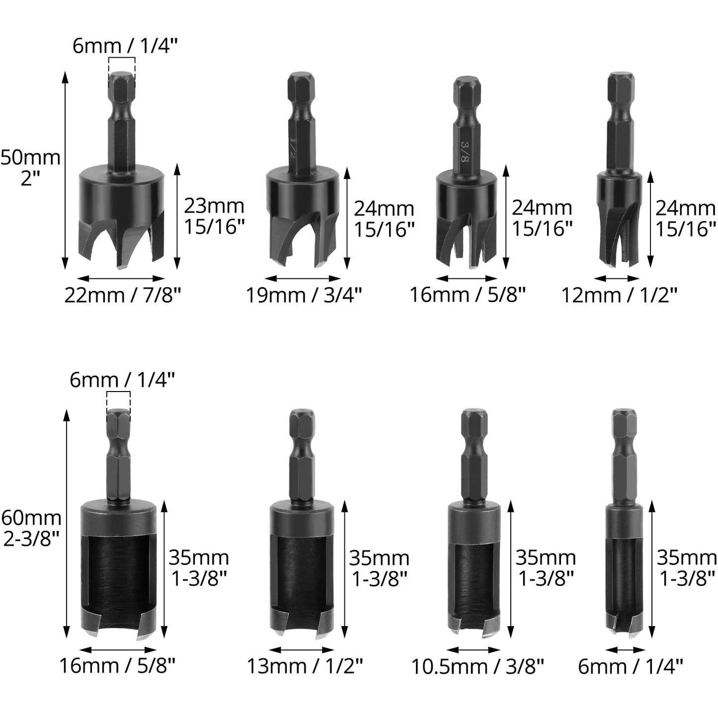 QWORK Wood Plug Cutter Drill Bit Set, 8Pcs, Includes 1/4", 5/16", 3/8", 1/2" Sizes, 1/4 Inch Hex Shank