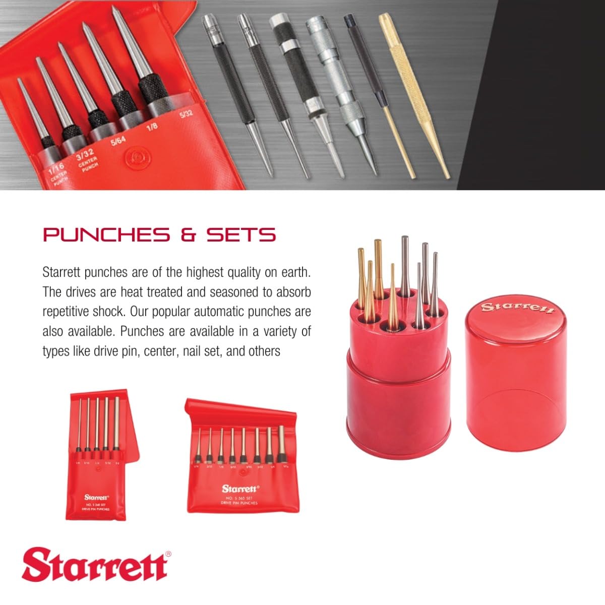 Starrett 565A Drive Pin Punch, 4" Length, 1/16" Diameter, Knurled Grip, Hardened Steel for Driving Pins In/Out of Workpieces