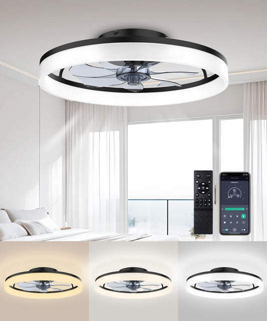 AQUBT 20" Modern Low Profile Ceiling Fan with Light & Remote, 6 Speeds, Adjustable Color Temp, for Bedroom, Kids Room, Living Room