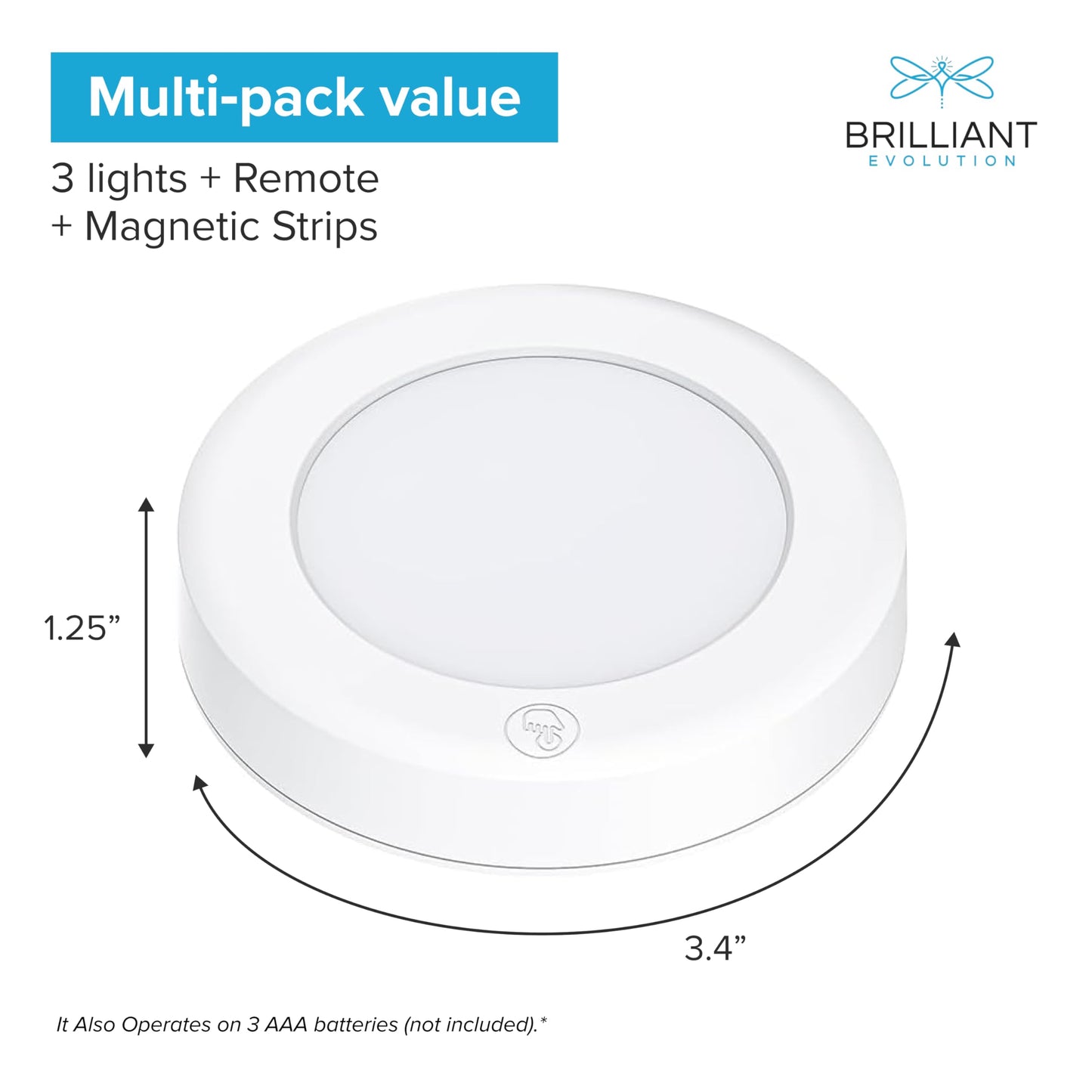 Brilliant Evolution Wireless LED Puck Lights 3-Pack with Remote – Battery-Powered Stick-On Lights for Cabinets, Closets & Counters