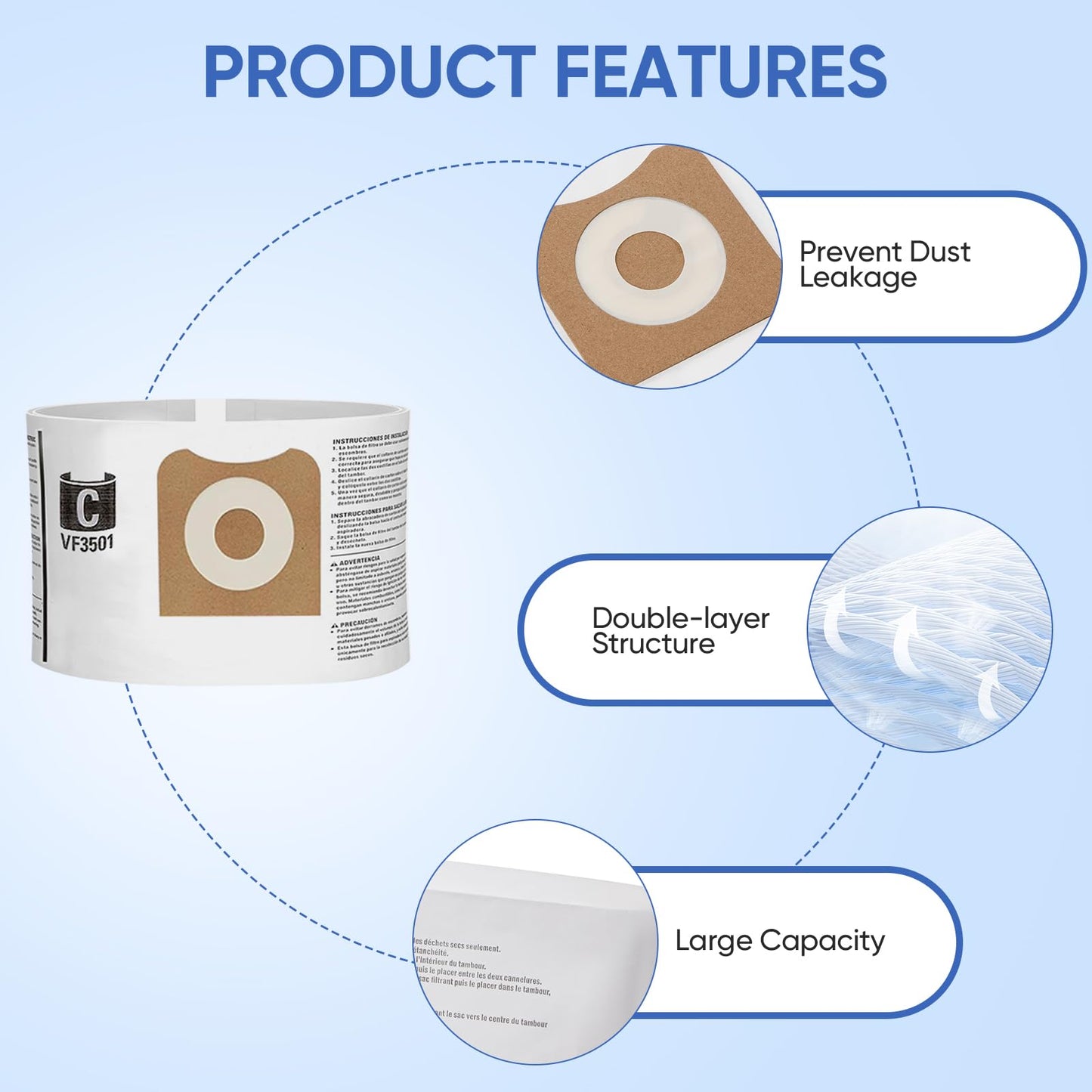 12 Pack 23738 VF3501 Size C Filter Bags Compatible with RIDGID 3-4.5 Gallon Wet Dry Vacuum,High-Efficiency Dust Collection Bags