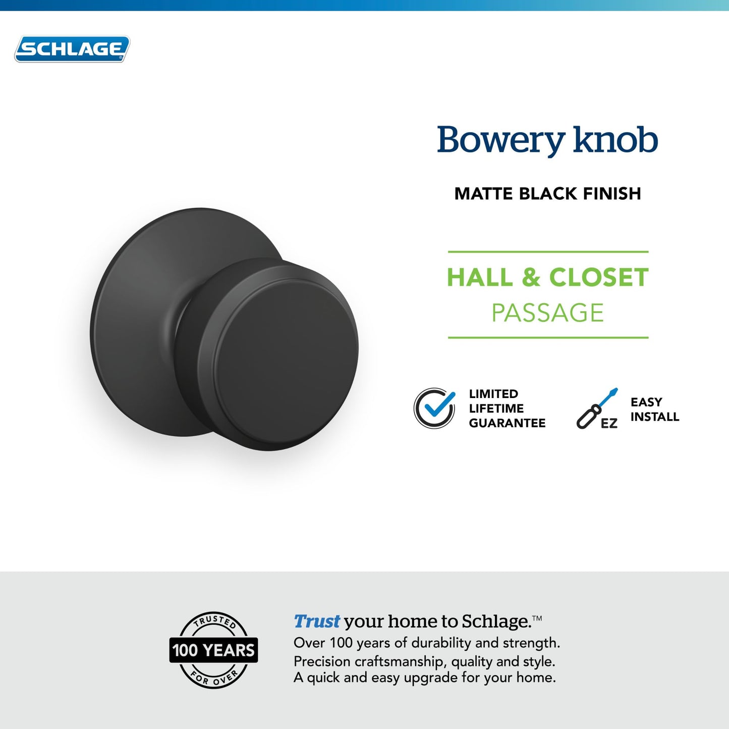 Schlage F10 BWE 622 Bowery Door Knob, Hall & Closet Passage Lock, Matte Black