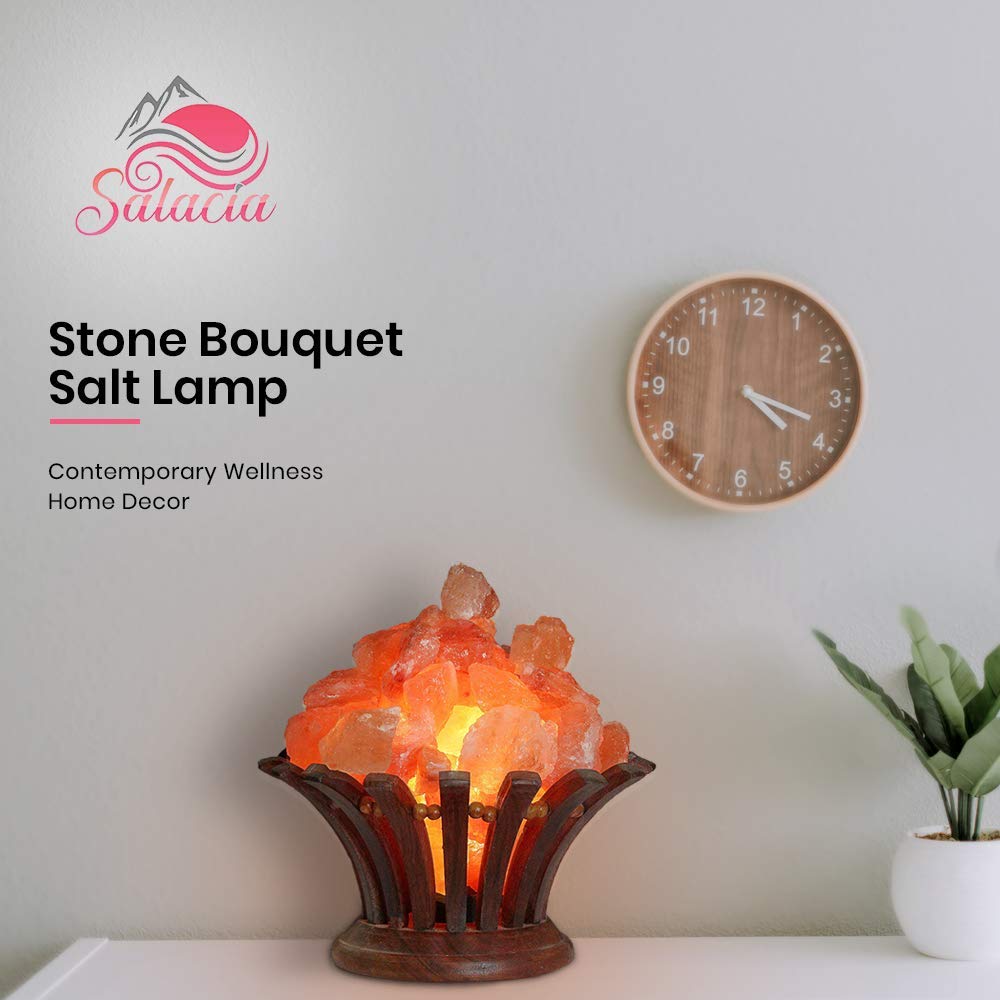 Stone Bouquet Himalayan Salt Lamp Bowl with Dimmer Cord, Natural Pink Salt Rocks, Neem Wood Basket, Wooden Base Light