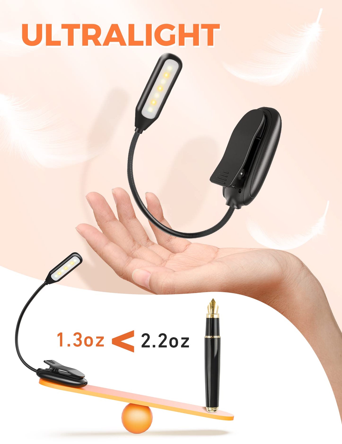 Monotremp Rechargeable Book Light for Night Reading, 80H Runtime, 3 Brightness × 3 Color Temps, Ultra-Light 1.3oz for Bed Use