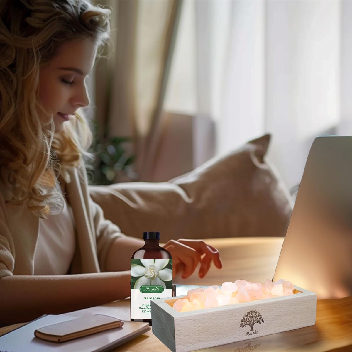 mlynkl Himalayan Salt Lamp Diffuser, 300g Pink Salt with Wooden Base, USB Powered Warm Light for Aromatherapy, Relaxation, Meditation, Home Décor, Gift