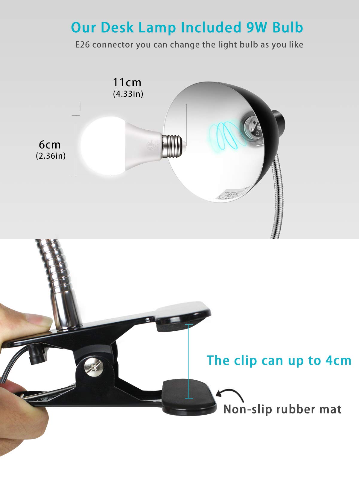 Eye-Caring Clip-On Desk Lamp, 360° Rotating Gooseneck Reading Light for Study, Bedroom & Office – Portable Table Lamp, Black