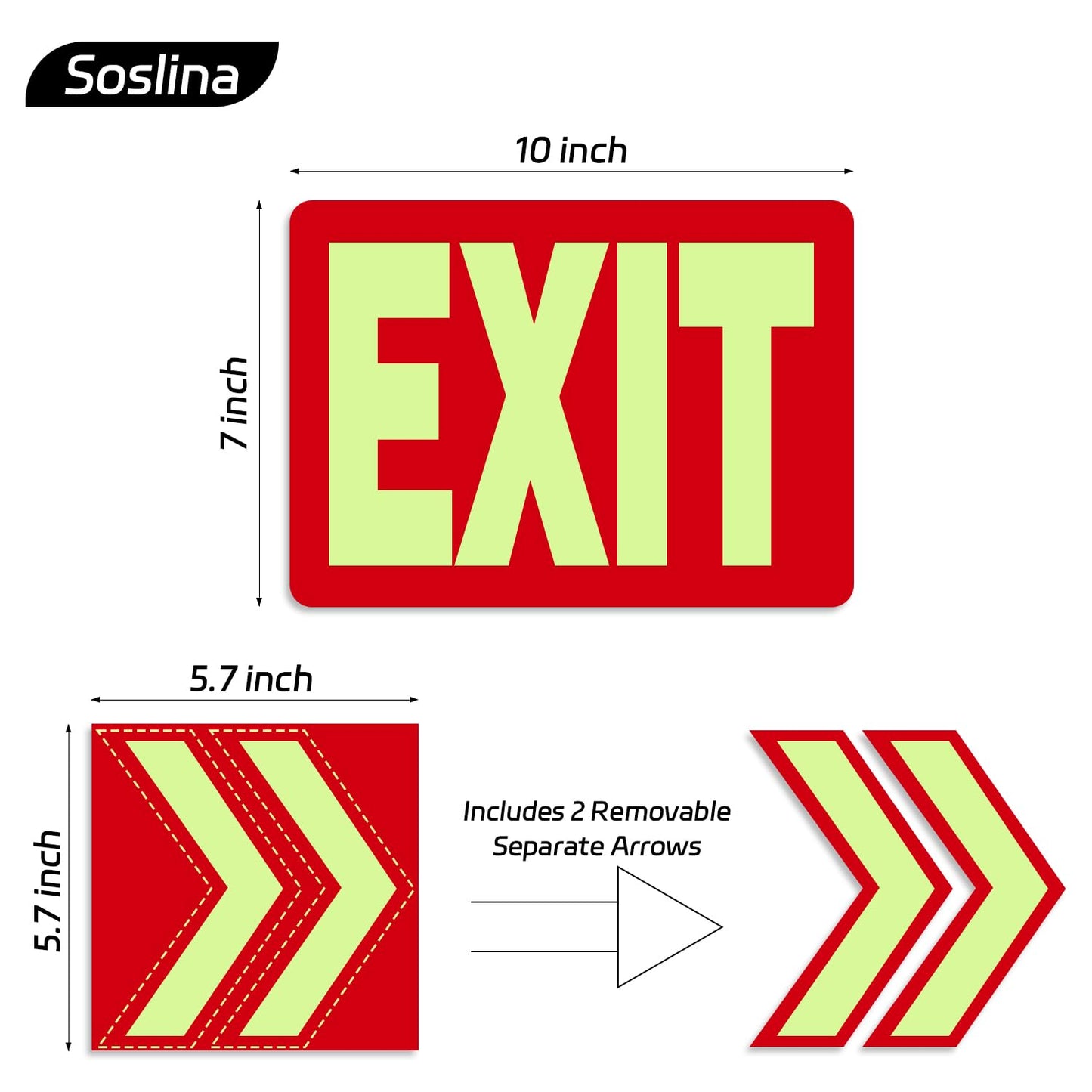 EXIT Sign Glow in the Dark Decals, 2-Pack 10"x7" Vinyl Stickers with 4 Arrows, Photoluminescent Emergency Signs, Visible 8 Hours