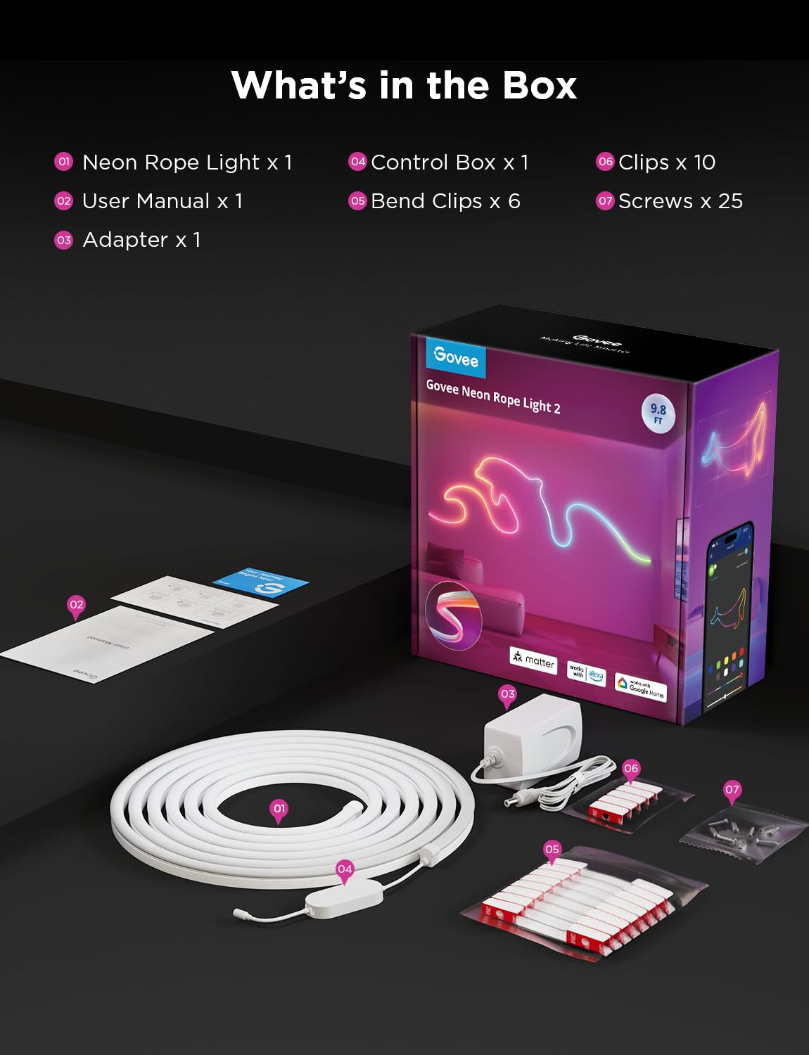 Govee 9.8ft RGBIC LED Smart Neon Rope Light, Works with Matter, Alexa & Google, Custom DIY Neon Strip for Bedroom & Wall Decor, White