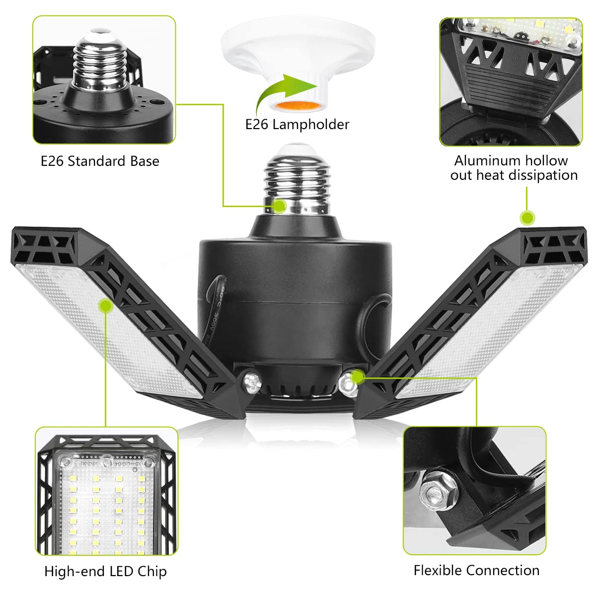4 Pack LED Garage Lights, 60W Deformable Ceiling Light 8000LM E26 with 3 Adjustable Panels for Garage, Workshop, Warehouse & Barn